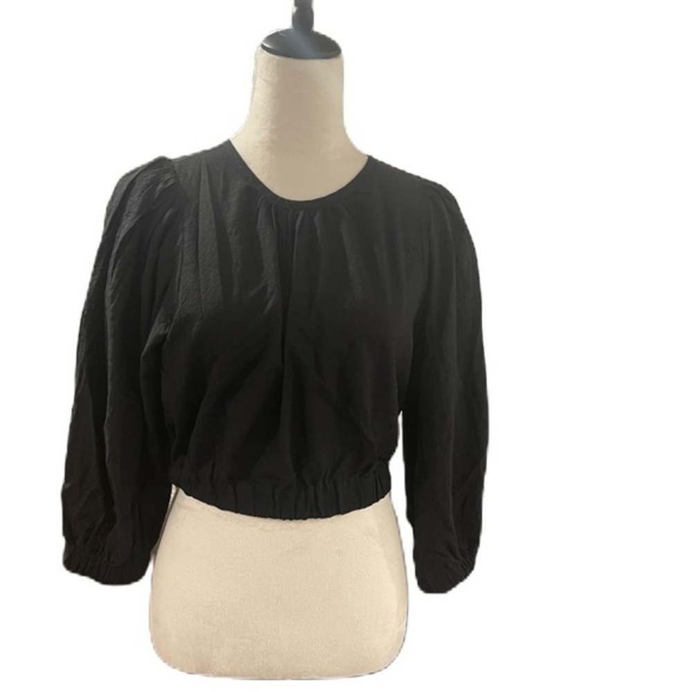A New Day Women Black Balloon Long Sleeve Top Banded at Waist Small Size